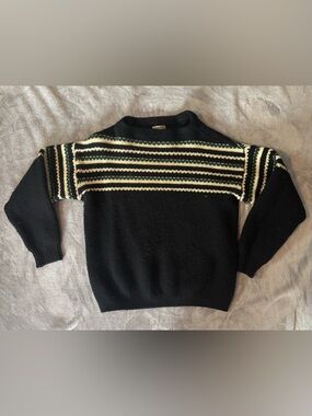Men's Crewneck Sweater with Striped Yoke - Black & Cream